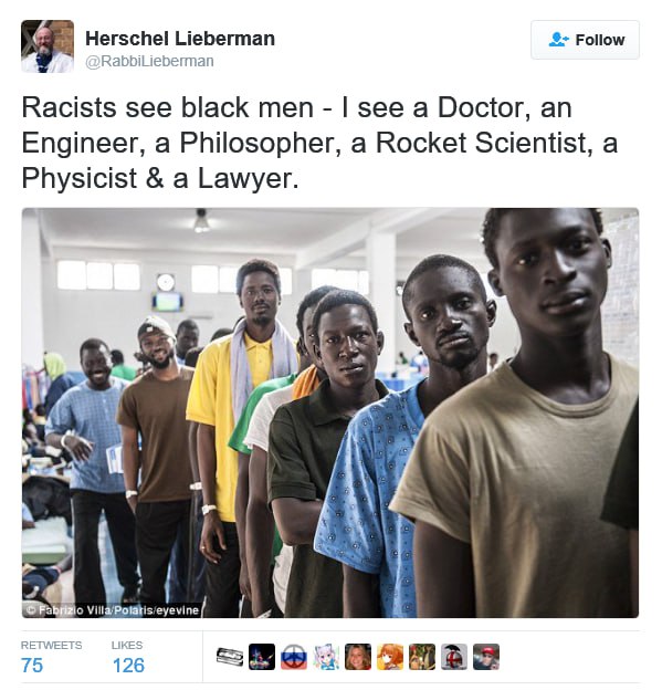 On Twitter, a Jew named Herschel Lieberman, who promotes multiculturalism, said that when looking at this picture, "racists see black people, but I see a doctor, an engineer, a philosopher, a rocket scientist, a physicist and a lawyer"...