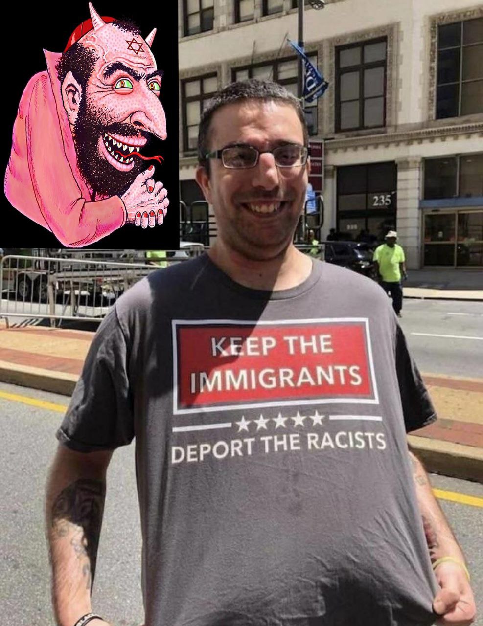 Ամբողջ Ամերիկան, Եվրոպան ու Ավստրալիան հեղեղված է ոչ-սպիտակ ներգաղթյալներով, իսկ այս անդուր էակը շապիկ է հագել, որի վրա գրված է՝ «պահեք իմիգրանտներին, դեպորտ արեք ռասիստներին»: Կռահեք, թե նա որ ժողովրդի ներկայացուցիչ է...